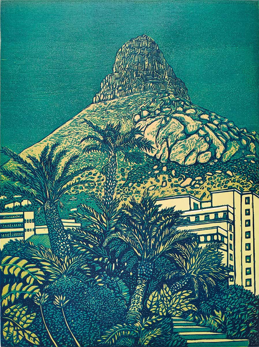 woodblock print on paper of Lion's Head mountain in Cape Town