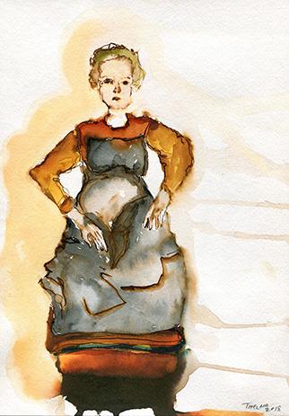 Painting of a woman wearing an orange dress with a grey apron.