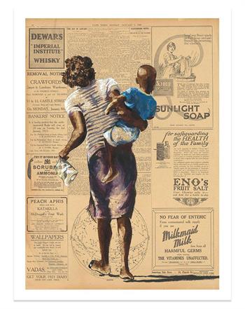 print of a painting on 1920s Cape Times newspaper of a woman and her baby