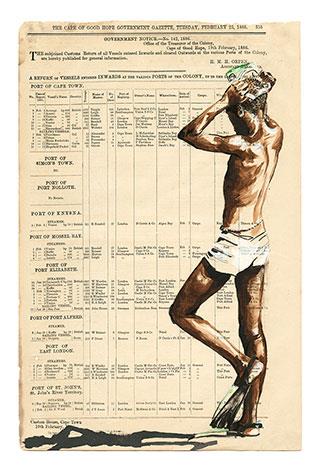 art print of a boy wearing flippers on the beach