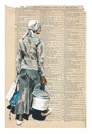 signed art print of an African woman carrying a bucket