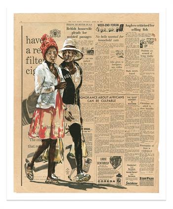 print of a painting on 1960s Cape Argus newspaper of two women walking