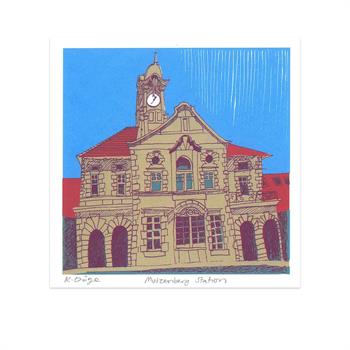 small artwork on paper depicting Muizenberg Station