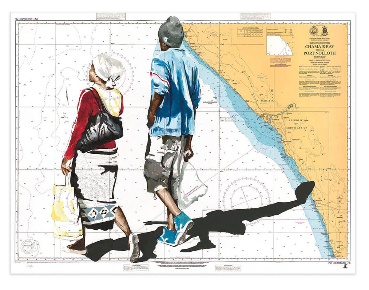 painting on old map of Port Nolloth of two people walking