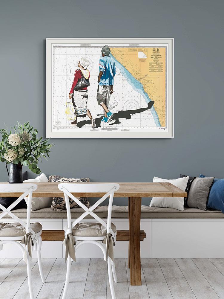 painting on old map of Port Nolloth of two people walking