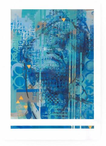 graffiti style portrait painting print on paper in blue by Claude Chandler