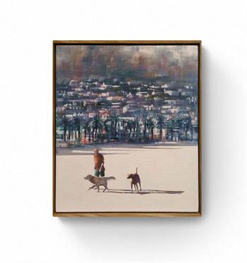 painting of man walking his dogs on Camps Bay beach Cape Town