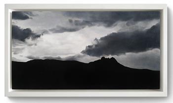 painting of grey clouds agianst a dark landscape