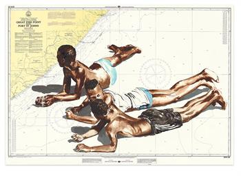 painting on old map of 3 boys sunbathing on the beach