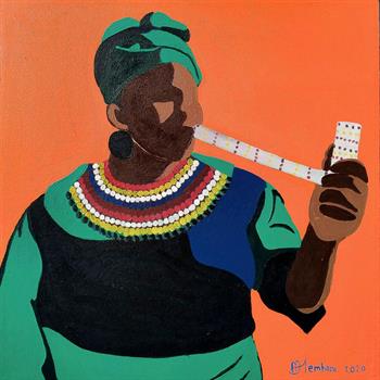 African Smoking A Pipe - Painting by Shakes Tembani