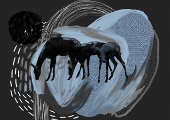digital collage artwork of two African buck grazing