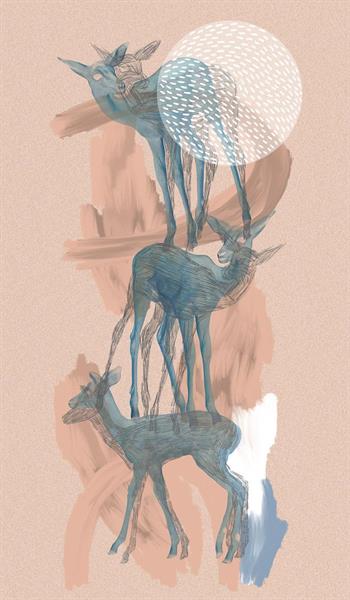 drawing of three antelope on a pink background