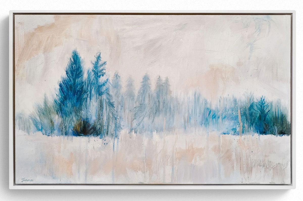 framed oil painting of blue fir trees in winter