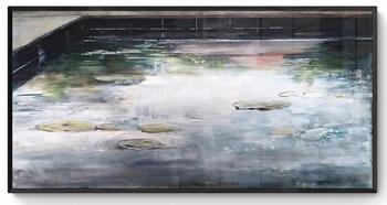 painting of waterlilies floating in a garden pool by Joanne Reen