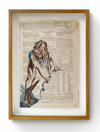 painting on old newspaper of a girl in a blue bathing suit by Lisette Forsyth