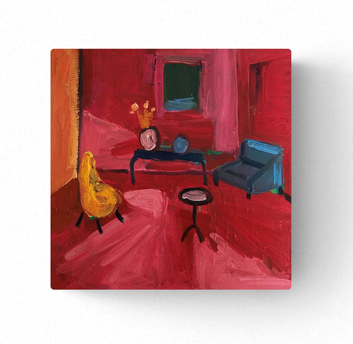 small painting of a living room interior with red walls