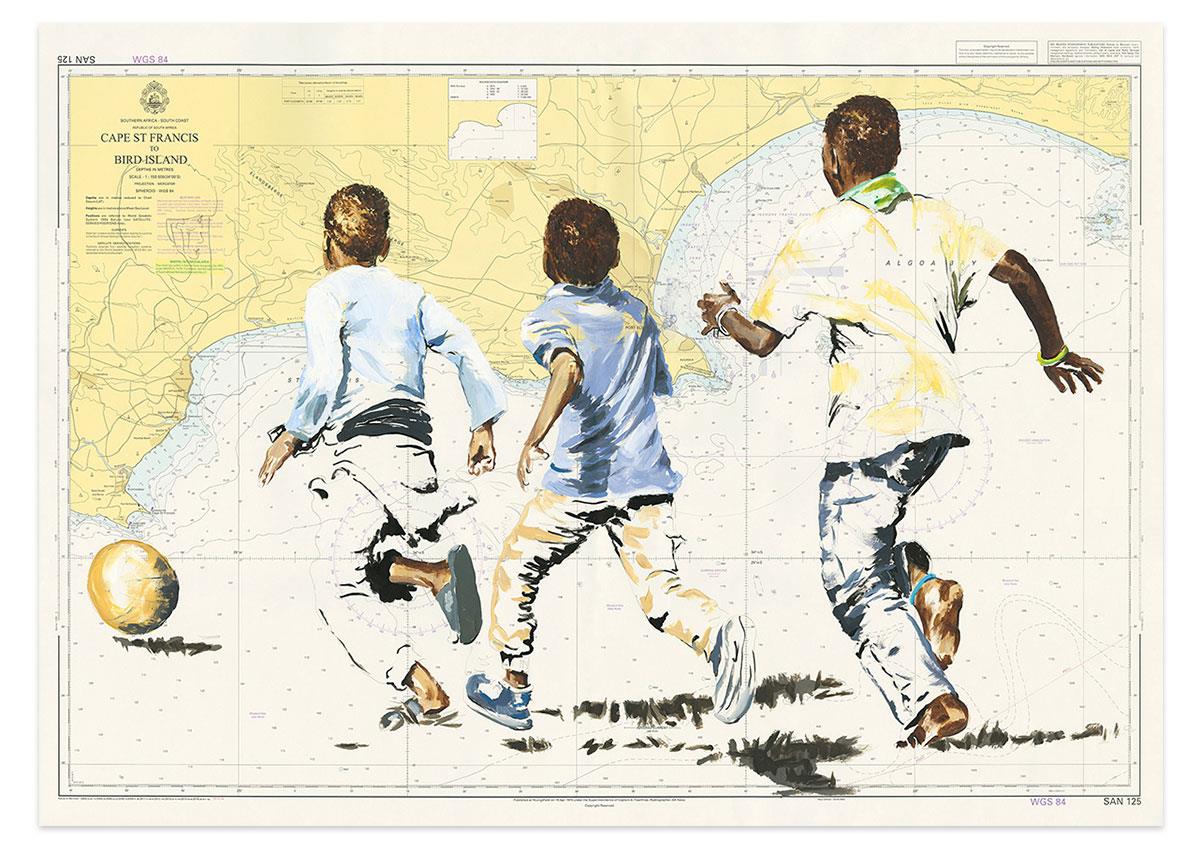 painting on paper of 3 boys playing football