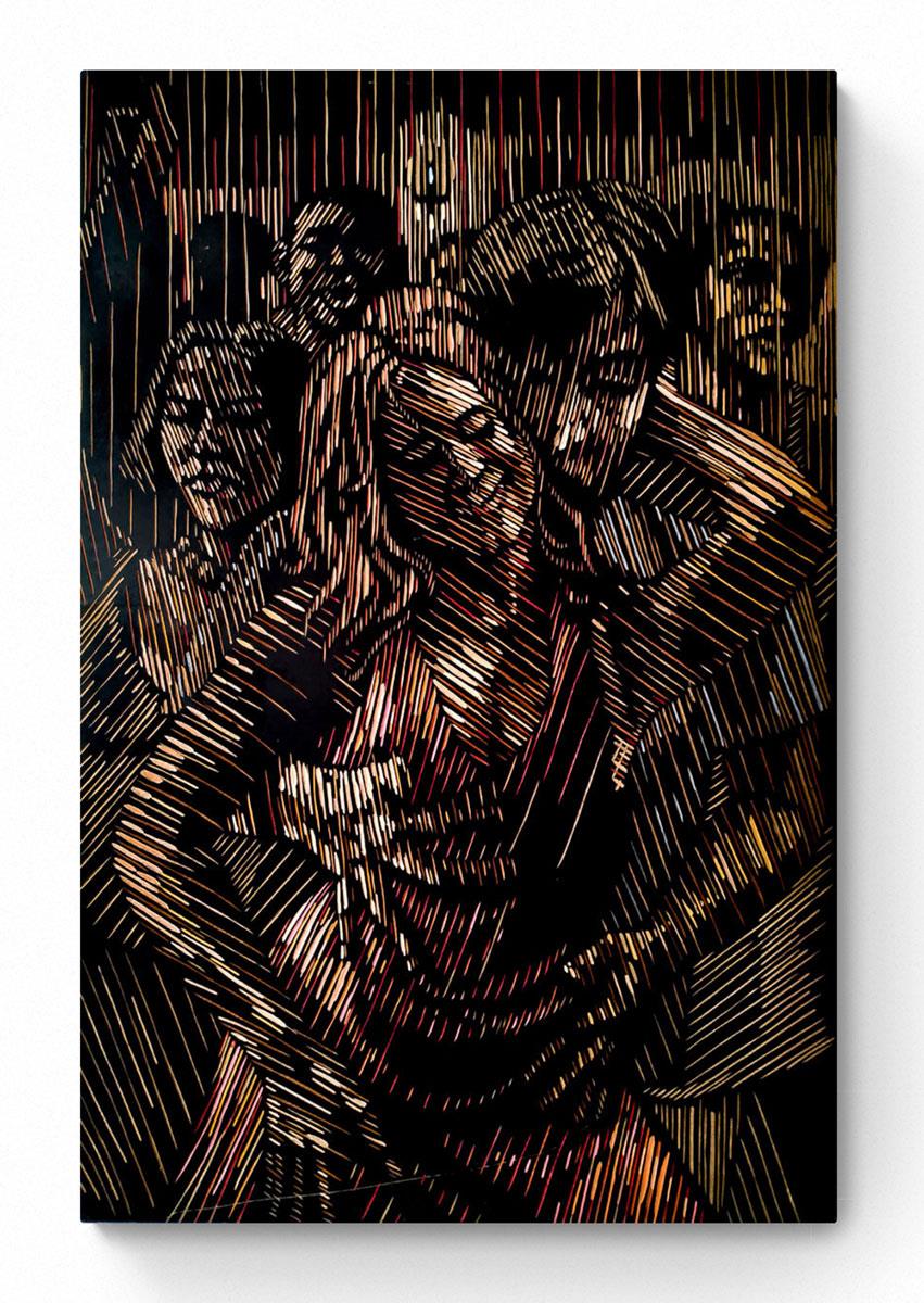 woodcut artwork of a man & woman dancing by Zolani Siphungela