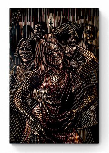 woodcut artwork of a man & woman dancing by Zolani Siphungela