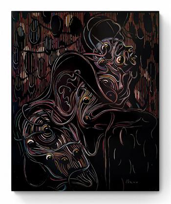 woodcut artwork depicting two abstract figures by Zolani Siphungela