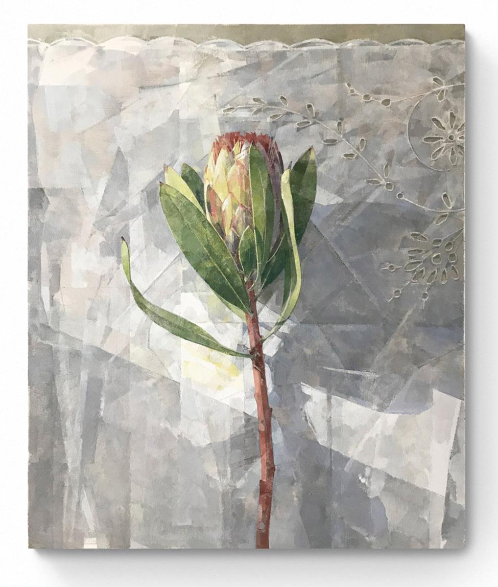 painting of a protea flower on a white tablecloth