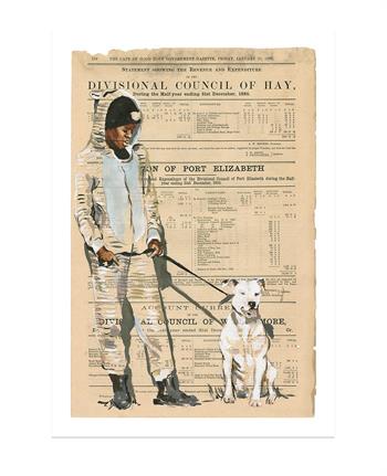 painting on old newspaper of a boy with his dog by Lisette Forsyth