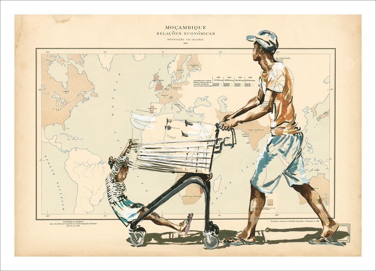 art print of a man pushing a shopping trolley with his child