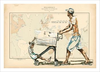 art print of a man pushing a shopping trolley with his child