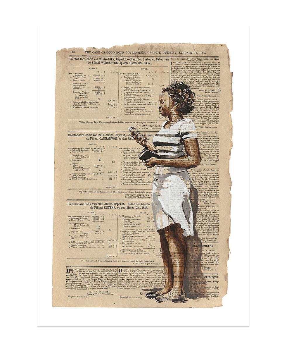 painting on old newspater of a woman looking at her mobile phone