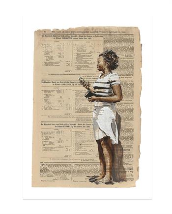 painting on old newspater of a woman looking at her mobile phone