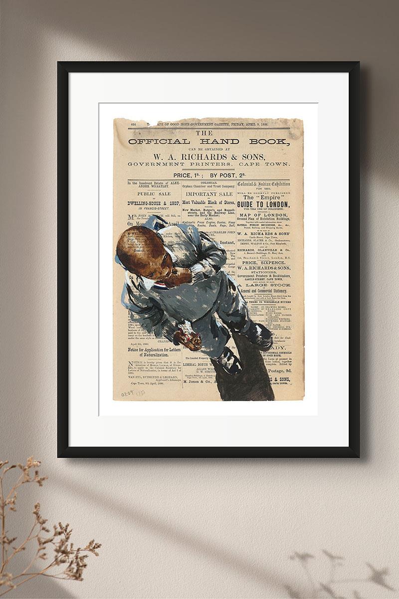 limited edition print of a school boy painted on old newspaper