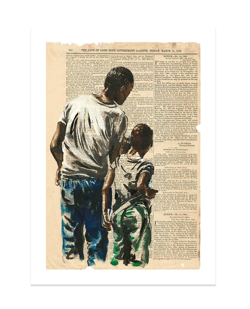painting on old newspaper of a father and son