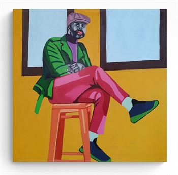 colourful painting of a man sitting on a stool by Richie Madyira