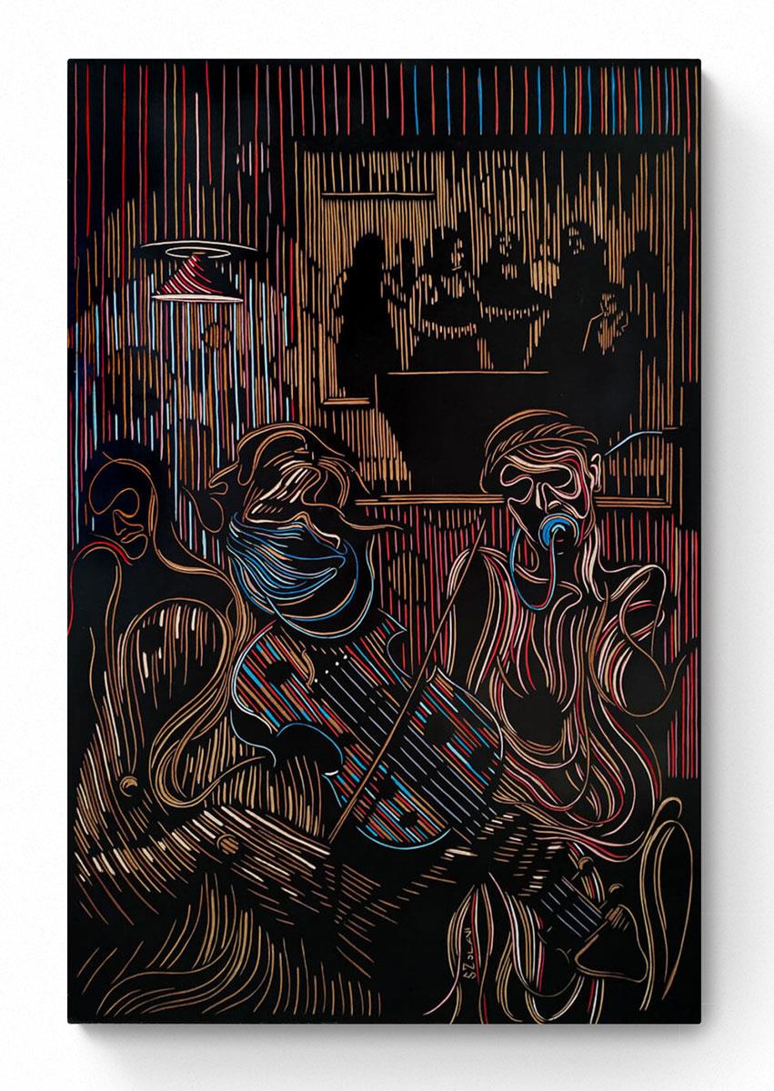 woodcut artwork of a musician at a party by Zolani Siphungela