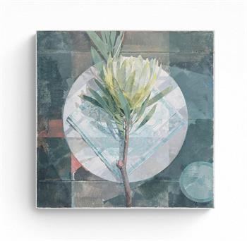 still life oil painting of a protea placed on a side plate