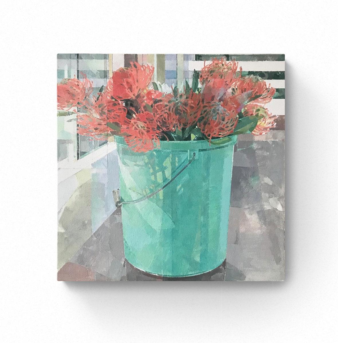 painting of red pincusion proteas in a green bucket