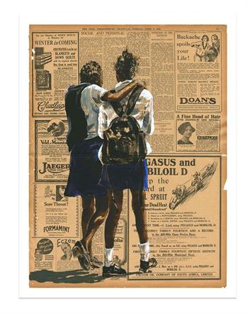 art print of a painting on old newspaper of two school girls