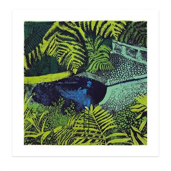 silkscreen art print of the foliage around a water feature