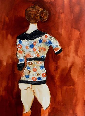 Painting of a woman wearing a floral kimono top and standing facing a dark red wall.