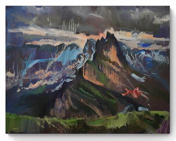 oil painting of a mountain range in rich deep colours