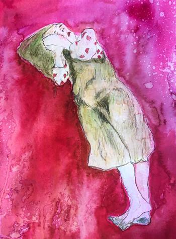 A sketch of a girl sleeping with her hands next to her face, against a pink background.