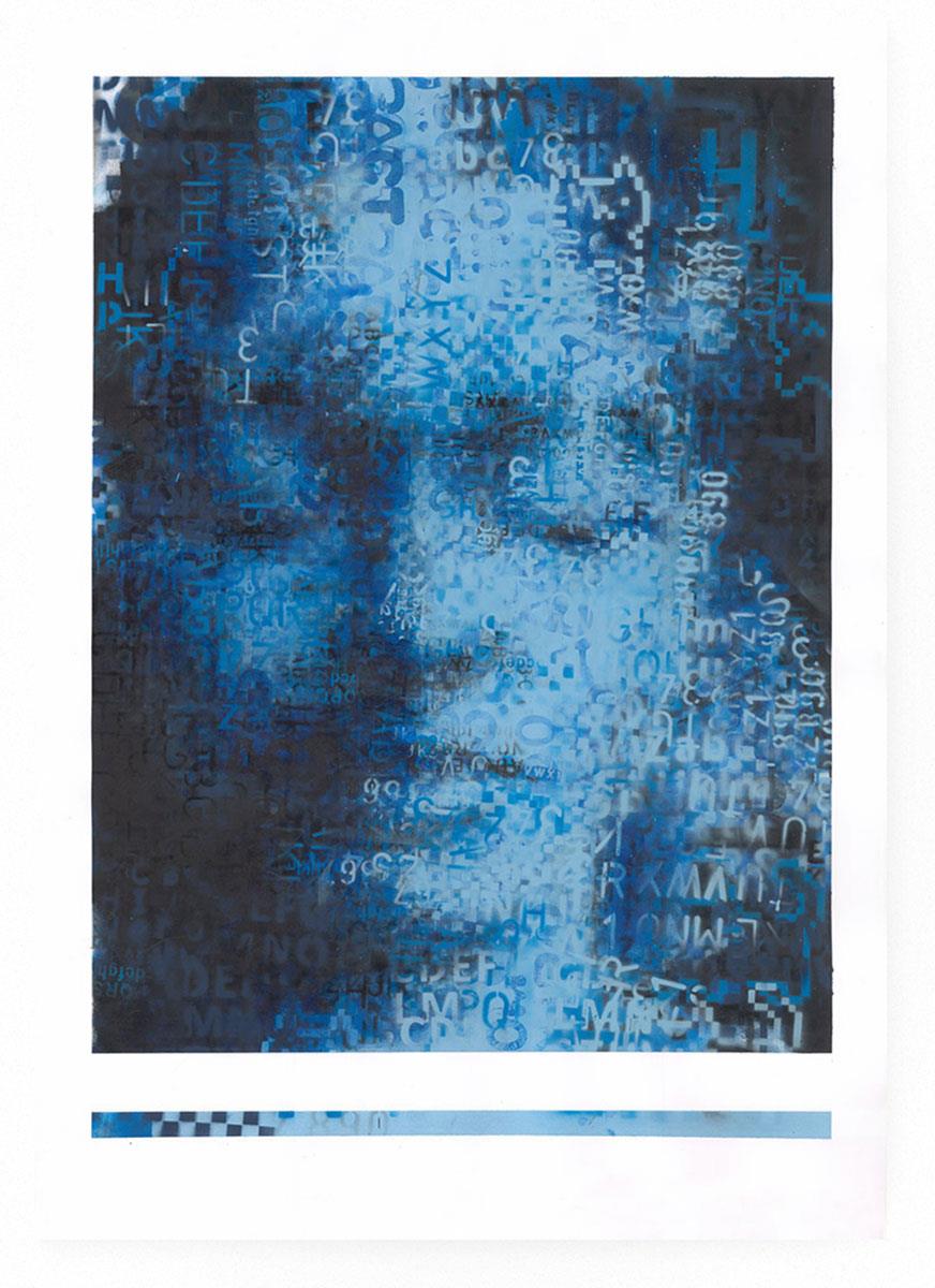 art print on paper in blue tones of a woman with her eyes closed