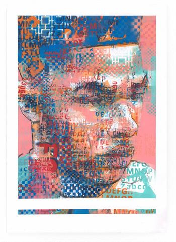 art print of graffiti style portrait painting in pink and blue