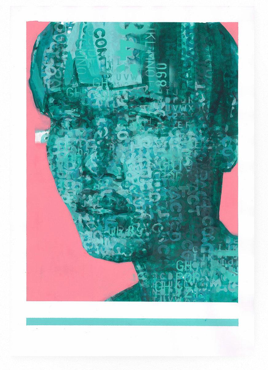 art print of a street art style portrait painting in green and pink