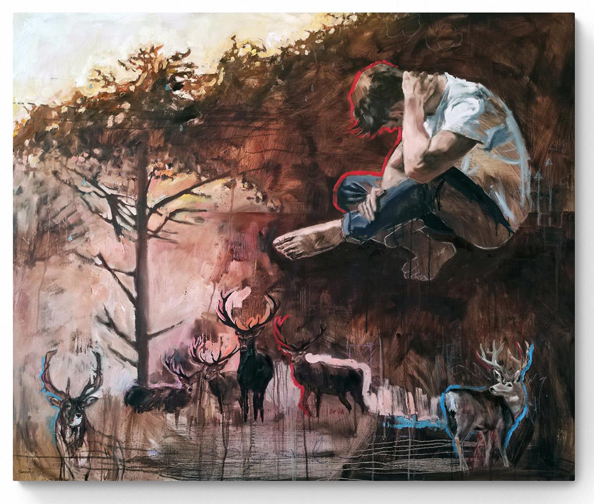 painting of a man sitting on the ground in the landscape with a deer