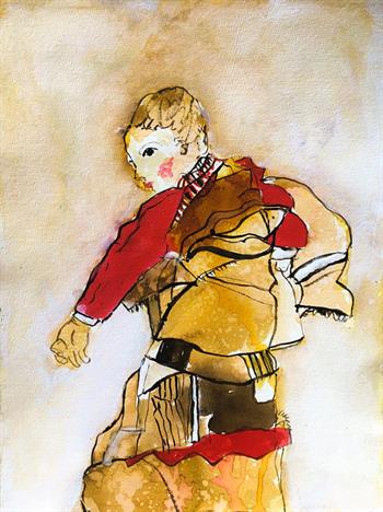 Painting of a woman wearing a gold and red cloak, looking back over her shoulder.