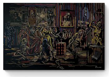 woodcut artwork of people enjoying time in a shebeen by Zolani Siphungela