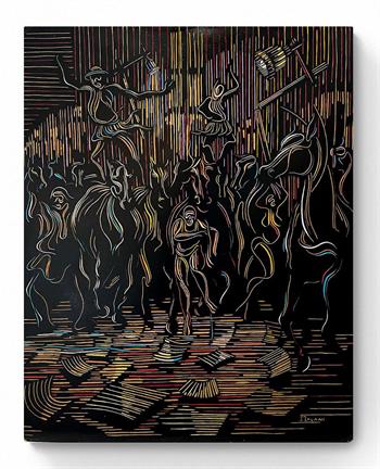 woodcut artwork of a man standing on a horse's back by Zolani Siphungela