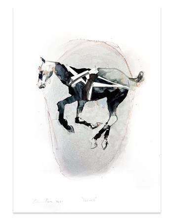 painting on paper of a horse in a harness
