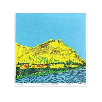 small silk screen artwork of Muizenberg mountain